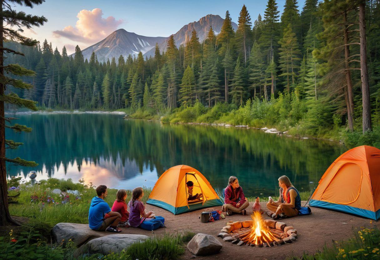 A picturesque camping scene in a lush forest, featuring a family setting up a colorful tent, children roasting marshmallows over a campfire, and friends enjoying nature with hiking gear. Include vibrant wildflowers and tall pine trees in the background, along with a serene lake reflecting the sky. The scene should evoke joy, adventure, and togetherness. vibrant colors. super-realistic.