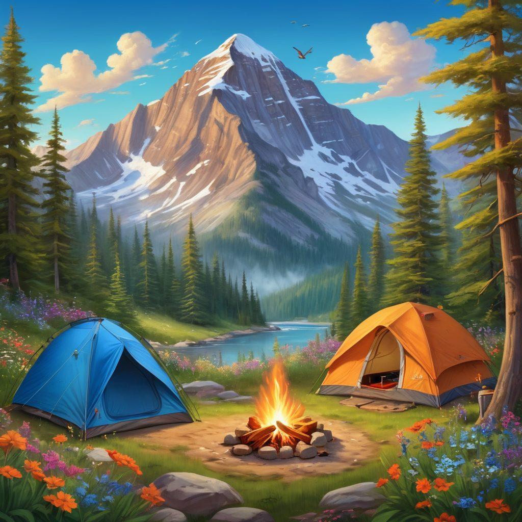 A serene campsite nestled in a lush forest, with a cozy tent surrounded by colorful wildflowers. Enthusiastic campers laughing around a crackling campfire, while a majestic mountain looms in the background. Bright blue sky with fluffy clouds, and birds soaring above. Include camping gear like backpacks and lanterns scattered around. warm colors, whimsical illustration, nature-inspired.