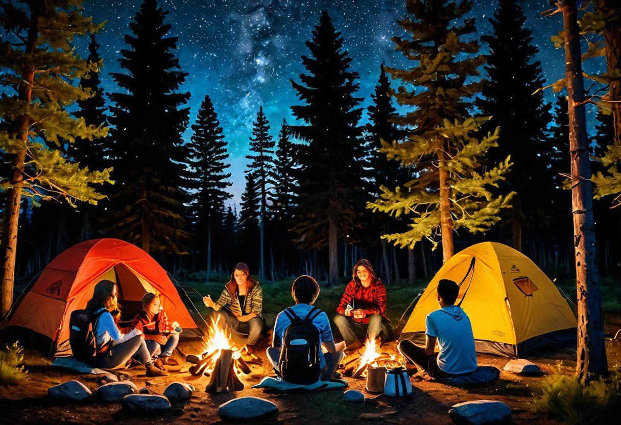 A lively family gathered around a campfire under a starlit sky, roasting marshmallows and sharing stories. Nearby, a cozy tent stands amidst tall pine trees, with backpacks and a picnic spread beside it. Capture the joy and warmth of the moment, with laughter echoing in the scene. Super-realistic. Vibrant colors. Outdoor setting.